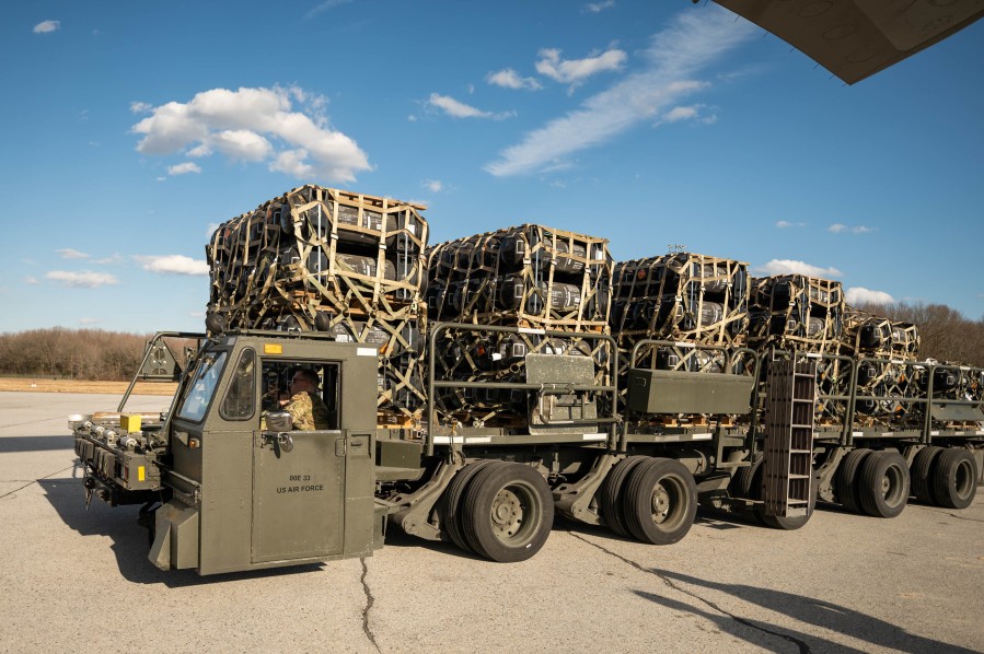 Source: https://www.defense.gov/News/News-Stories/Article/Article/2955960/us-provided-more-than-1-billion-in-security-assistance-to-ukraine-in-past-year/Pallets of ammunition, weapons and other equipment bound for Ukraine are processed through the 436th Aerial Port Squadron at Dover Air Force Base, Del., Feb. 10, 2022.